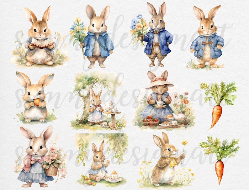 May include: A set of 10 watercolor illustrations featuring cute bunnies in various poses. The bunnies are wearing clothes and holding objects like books, flowers, carrots, and teacups. The illustrations are perfect for adding a touch of whimsy to any project.
