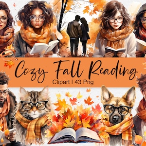 Cozy Fall Reading Clipart: Watercolor Autumn Bookworm (PNG)