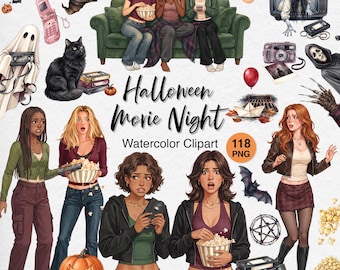 Halloween Movie Night Clipart, Spooky Horror PNG, Y2K Retro Ghost, Digital Slasher Party Graphics