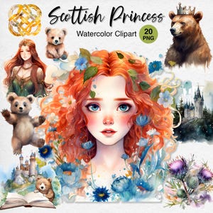 Scottish Princess Clipart, Redhead Girl PNG, Funny Bears, Medieval Castle, Celtic Art, Scotland Fairy Tale Illustration, Digital Stickers