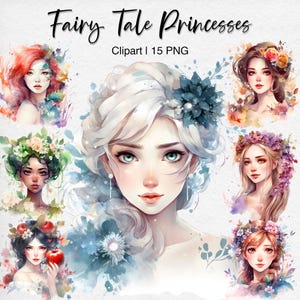 Clipart di principesse, PNG di fiabe, ragazze acquerello, Ariel, Elsa, Moana, Belle, ritratti fantasy carini, uso commerciale, download digitale
