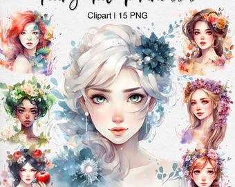 Princess Clipart Bundle: Watercolor Fairy Tale Girls PNG, Ariel Elsa Moana Belle Portraits