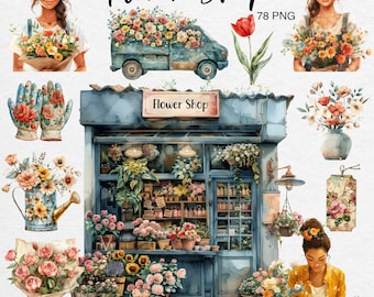 Flower Shop Clipart: Watercolor Florist PNG Stickers, Vintage Market Flowers, Delivery Illustrations