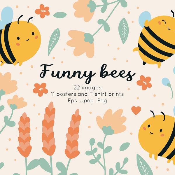 Funny kawaii bees and flowers clipart, digital posters for nursery, cute spring and summer T-shirt prints, instant download