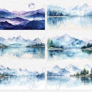 May include: A watercolor painting of a mountain range with a lake in the foreground. The mountains are blue and purple, and the lake is a light blue. The sky is a light blue with a few clouds. The painting is done in a realistic style.