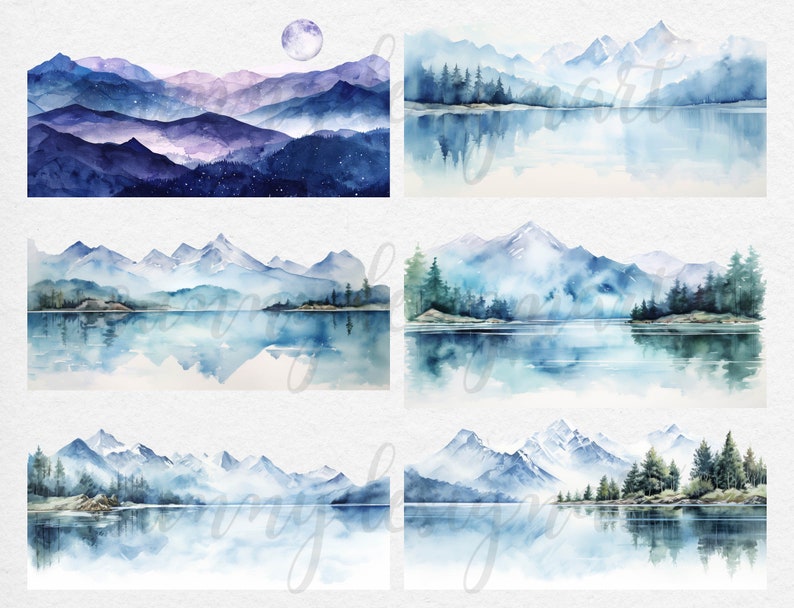 May include: A watercolor painting of a mountain range with a lake in the foreground. The mountains are blue and purple, and the lake is a light blue. The sky is a light blue with a few clouds. The painting is done in a realistic style.