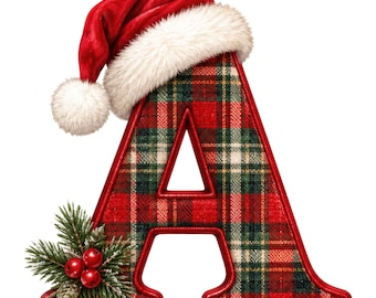 Christmas Alphabet 36 PNG Bundle, Plaid Letters and Numbers Clipart, Santa Hat Monogram A-Z