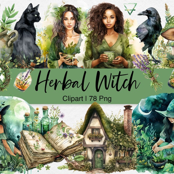 Herbal Witch Clipart, Earth Witch Clip Art, Watercolor Green Witch, Wiccan, Herbology, Junk Journal, Scrapbook, PNG, Digital Download