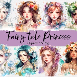 Princess Clipart, Princess PNG Bundle, Watercolor Princess, Belle, Cinderella, Moana, Elsa, Ariel, Rapunzel, Snow White, Sleeping Beauty