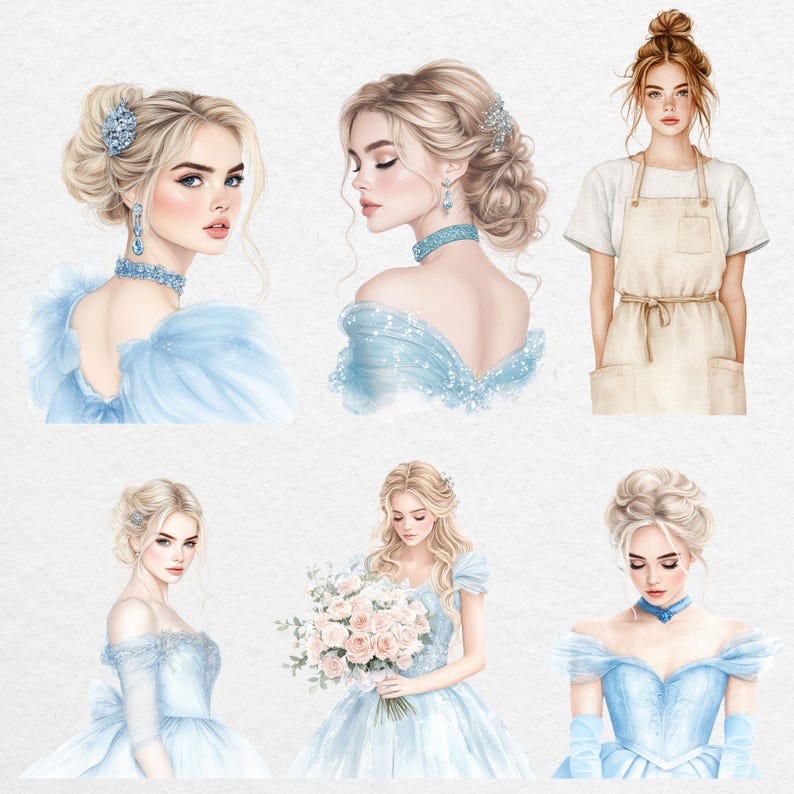 Elegant watercolor princess portraits, soft blue dresses and floral details, Cinderella clipart illustrations in realistic fairytale style for digital design projects.