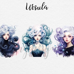 May include: Three digital illustrations of a woman with white hair and a black, blue, or purple background. The woman is surrounded by tentacles, bubbles, and swirls. The word "Ursula" is written at the top of the image.