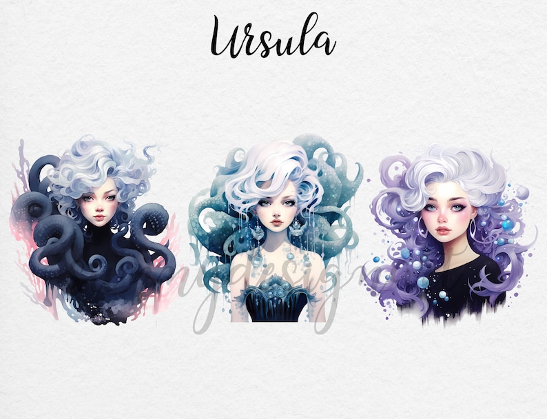May include: Three digital illustrations of a woman with white hair and a black, blue, or purple background. The woman is surrounded by tentacles, bubbles, and swirls. The word "Ursula" is written at the top of the image.