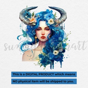 May include: Digital illustration of a woman with blue hair and horns, adorned with blue and white flowers. The background is a light blue watercolor wash.