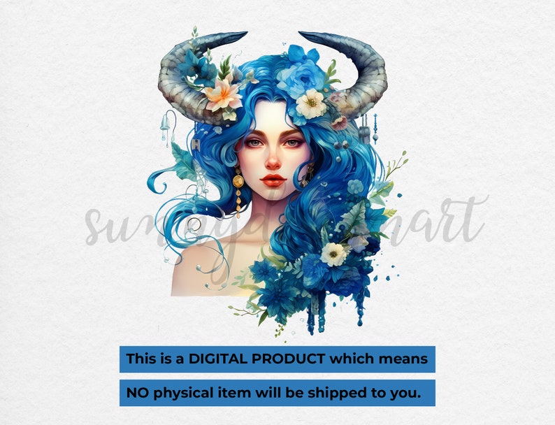 May include: Digital illustration of a woman with blue hair and horns, adorned with blue and white flowers. The background is a light blue watercolor wash.