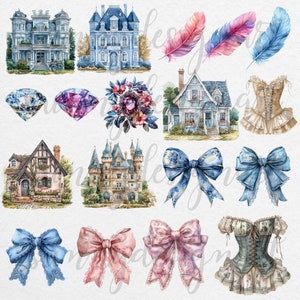 May include: A collection of watercolour illustrations featuring various architectural designs, including castles, houses, and a bouquet of flowers. There are also illustrations of blue and pink bows, feathers, and a corset.