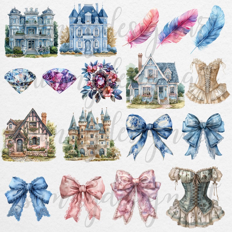 May include: A collection of watercolour illustrations featuring various architectural designs, including castles, houses, and a bouquet of flowers. There are also illustrations of blue and pink bows, feathers, and a corset.