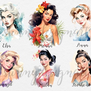 Pin up Princess Clipart, Vintage Clipart, Retro Watercolor Clipart, Pin up Girls Clipart, Pin Up PNG, Vintage Lady PNG, Commercial Use image 3