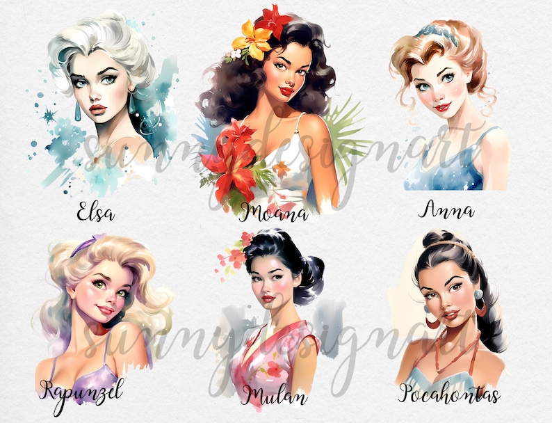 Pin up Princess Clipart, Vintage Clipart, Retro Watercolor Clipart, Pin up Girls Clipart, Pin Up PNG, Vintage Lady PNG, Commercial Use image 3