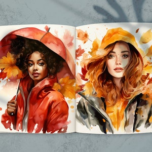 May include: Watercolor illustration of two women in autumn attire. One holds a red umbrella, wearing a red jacket, surrounded by fall leaves. The other wears a yellow hooded jacket and a black jacket, with autumn leaves around her.
