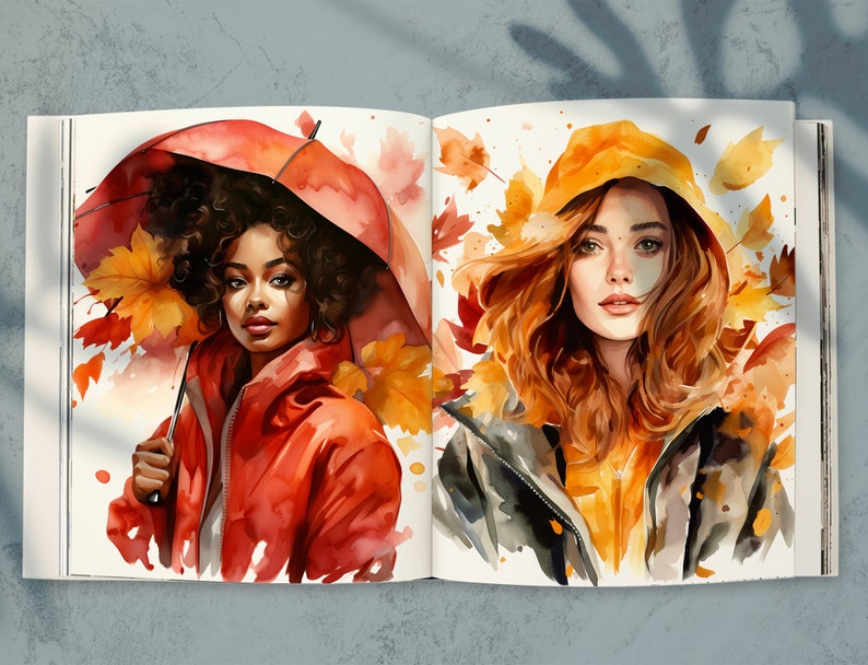 May include: Watercolor illustration of two women in autumn attire. One holds a red umbrella, wearing a red jacket, surrounded by fall leaves. The other wears a yellow hooded jacket and a black jacket, with autumn leaves around her.