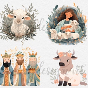 Puede incluir: Una ilustraci&oacute;n digital de una escena de la natividad con una mujer sosteniendo tres corderos, un cordero en una corona de hojas, tres reyes magos y una vaca con una corona de flores.