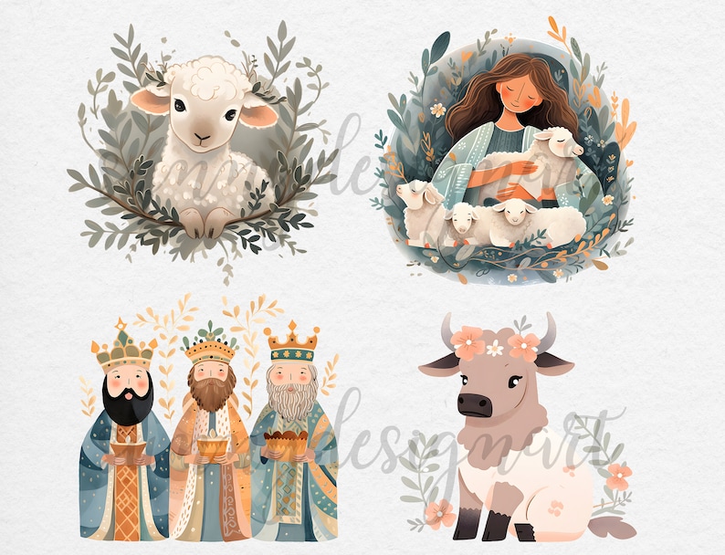 Puede incluir: Una ilustraci&oacute;n digital de una escena de la natividad con una mujer sosteniendo tres corderos, un cordero en una corona de hojas, tres reyes magos y una vaca con una corona de flores.