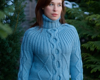 Women's sweater cable knit turtleneck blue swaeter