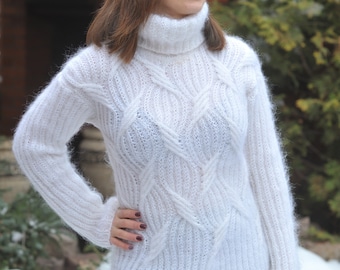 Mohair Sweater Mohair Pullover  White Women's turtleneck hand knitted  Sweater
