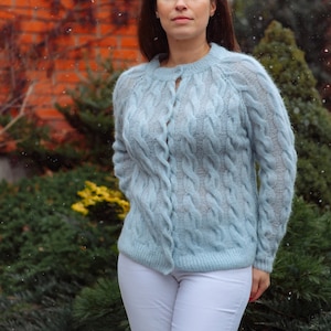 Mohair CableKnit cardigan Cableknit cardigan  Mohair blue women&#39;s sweater Handknit sweater. Bridal cardigan. Bridal jacket. Women’s knitwear