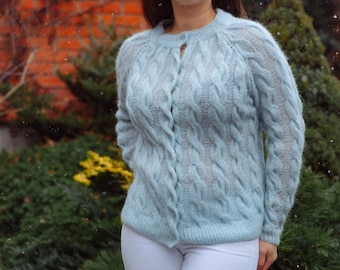 Mohair CableKnit cardigan Cableknit cardigan  Mohair blue women's sweater Handknit sweater. Bridal cardigan. Bridal jacket. Women’s knitwear