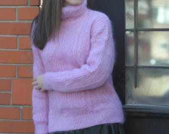 Mohair  Women's turtleneck Sweater Wool Pullover Hand Knit Cardigan