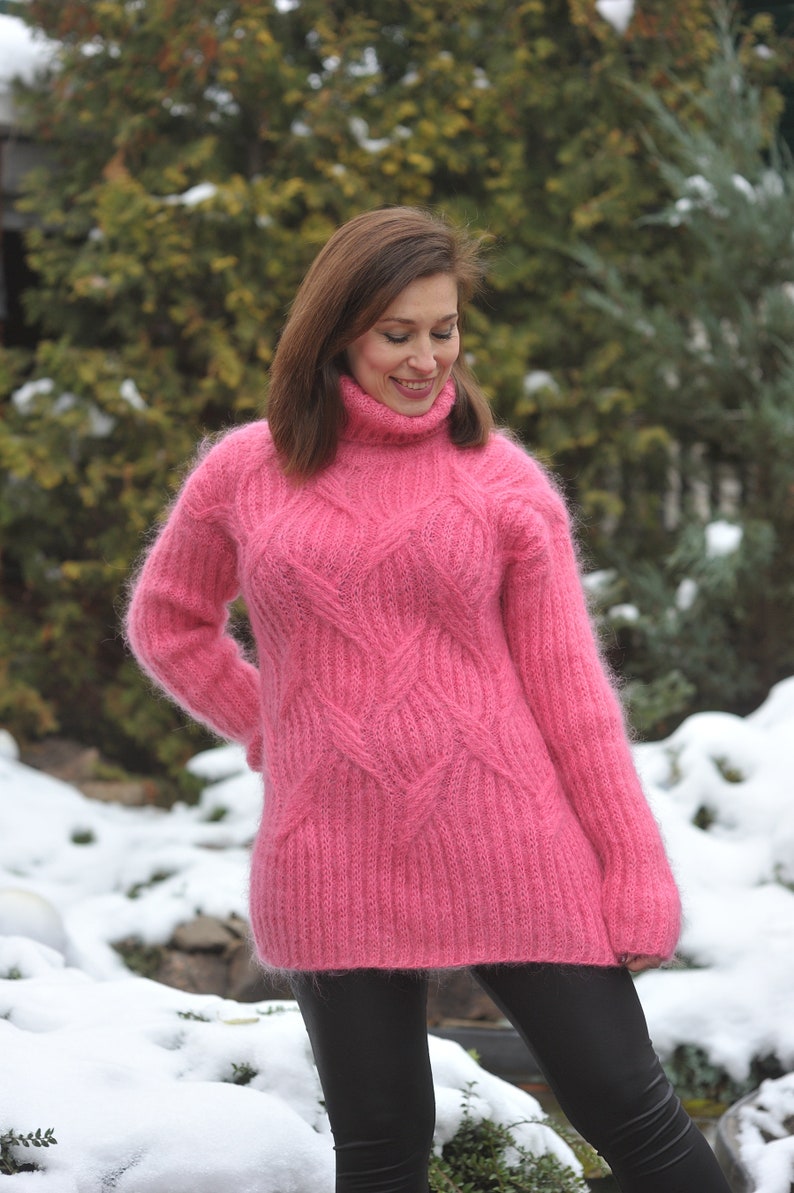 Mohair Women's sweater pink turtleneck hand knit Sweater image 1