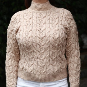 100% Merinoce Cable knitted  wool sweater chunky knit  Turtleneck  sweater Women&#39;s Pullover big knit sweater