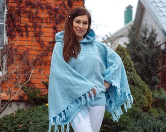 Wool Ponco HandKnitted Blue Poncho  Wrap for women Hooded Ovesize Poncho