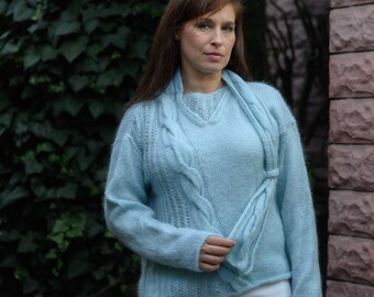 Mohair  sweater  Blue sweater with scarf Mohair Pullover  Women's  sweater handknitted Sweater