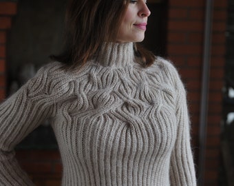 Womеns knit Mohair sweater Botanical knitted pullover Womans clothing lihgt brown colour Soft Warm Hand Knit Womans Sweater