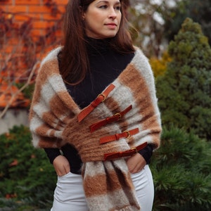 Mohair Scarf Shawl with leather Wrap Hand knitted scarf women Knitted cape Female cover up Women knitted shawl Knitted cape on the shoulders