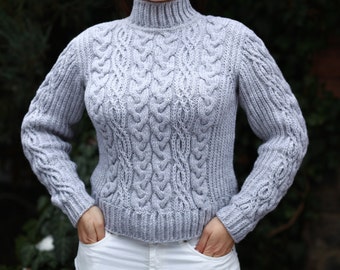 Cable knitted sweater chunky knit  Turtleneck sweater Women's Pullover big knit sweater gray sweater