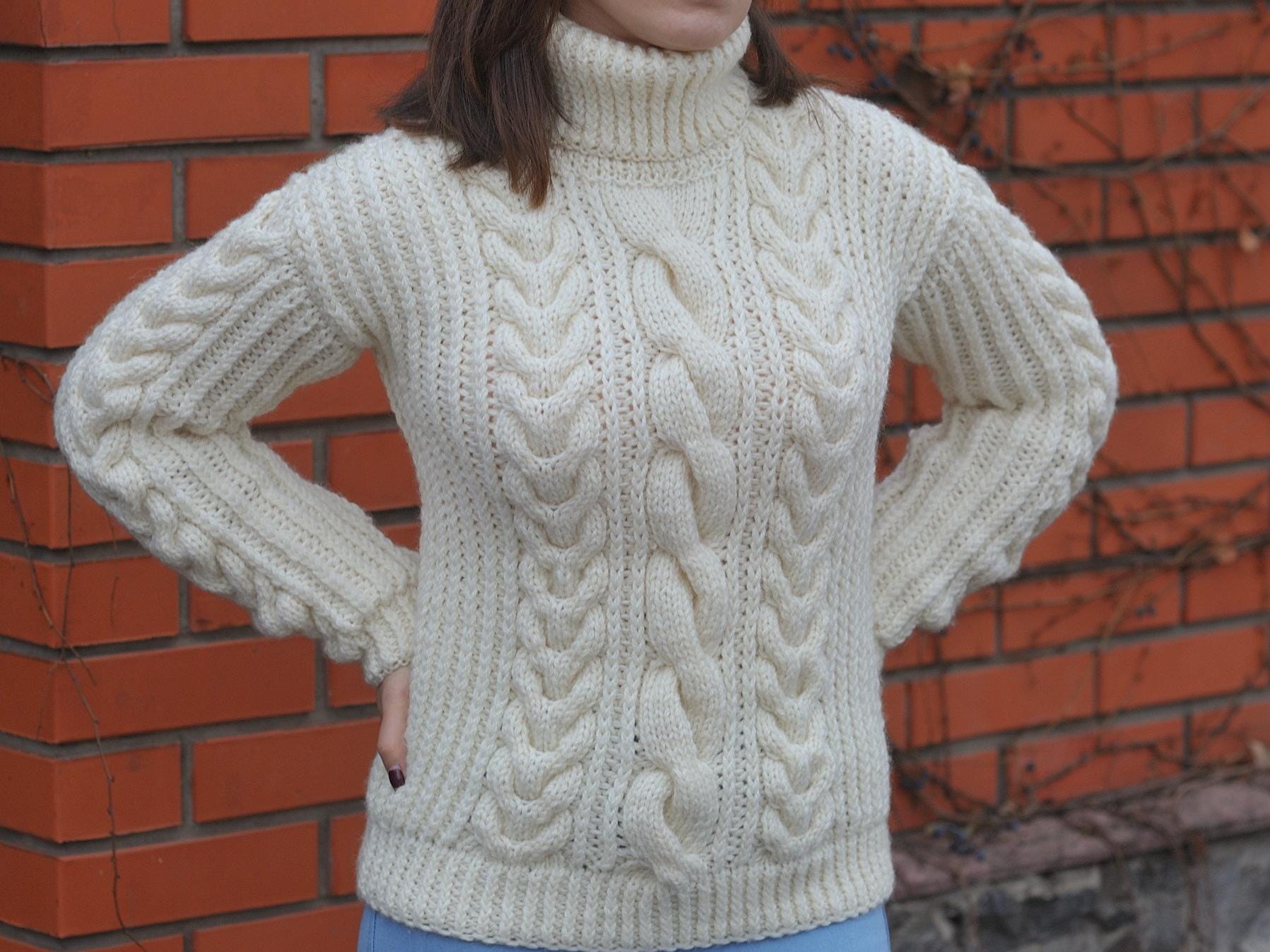Wool Cable Knit Sweater Chunky Knit Turtleneck Sweater Women Sweater Cable Knit Milky Colour Pullover Big Knit Sweater Etsy UK