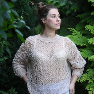 Suéter de mohair Suéter de mujer Jersey de mujer Suéter oversize Suéter beige claro Suéter tejido a mano Suéter de punto calado
