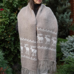 Mohair scarf beige with deers  long wool  oversize womens scarf warm scarf mohair wrap