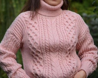 Merino Cable knitted  sweater Chunky knit turtleneck pullover Pink  sweater Merino wool Hand Knit sweater