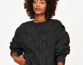 Cable Knit Wool Sweater: Hand-Knitted Dark Gray Pullover