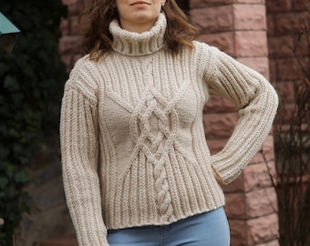 Women's wool sweater Cable knitted sweater turtleneck sweater Wool Pullover