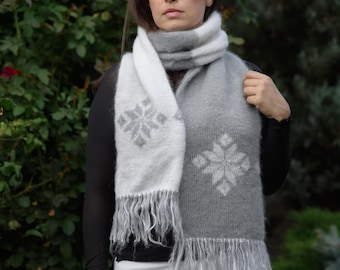 Mohair  long white gray Scarf  unisex oversize long Handknitted  wool Scarf wool winter scarf