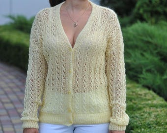 Alpaca cardigan merino woman cardigan  Women yellow pullover. Alpaca women cardigan Handknit woman  cardigan