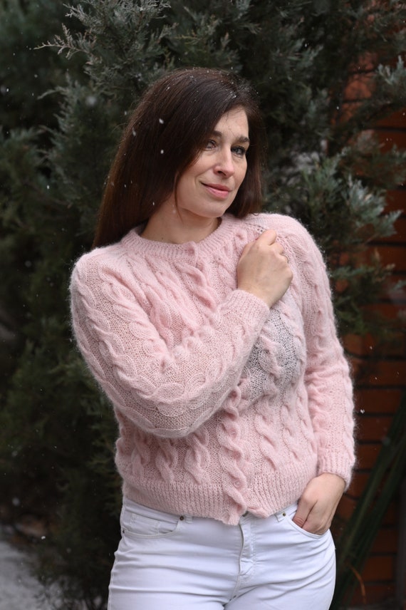 Merinoce Cable Knit Womens Cardigan Mohair Pink Women's - Etsy