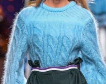 Mohair sweater Mohair Cardigan Handknit Cable Knit Mohair Sweater - Soft Blue Pullover