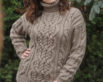 Women's wool sweater Cable knitted sweater turtleneck sweater ALPAKA Wool Pullover