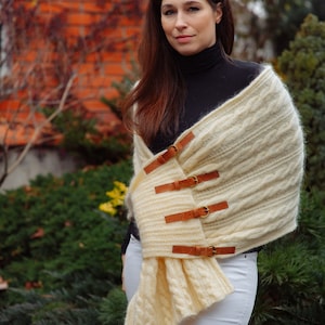 Mohair Cable knit scarf with leather mohair Wrap Shawl Female cover up Women knitted shawl Knitted cape on the shoulders